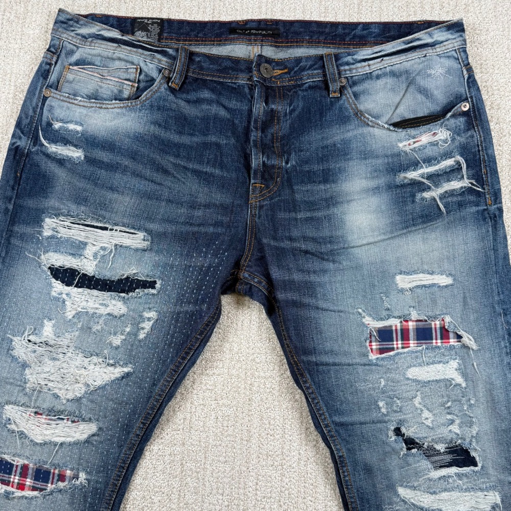 Cult of Individuality Men 42x34 Hagen Relaxed Japanese Selvedge Distressed Jeans